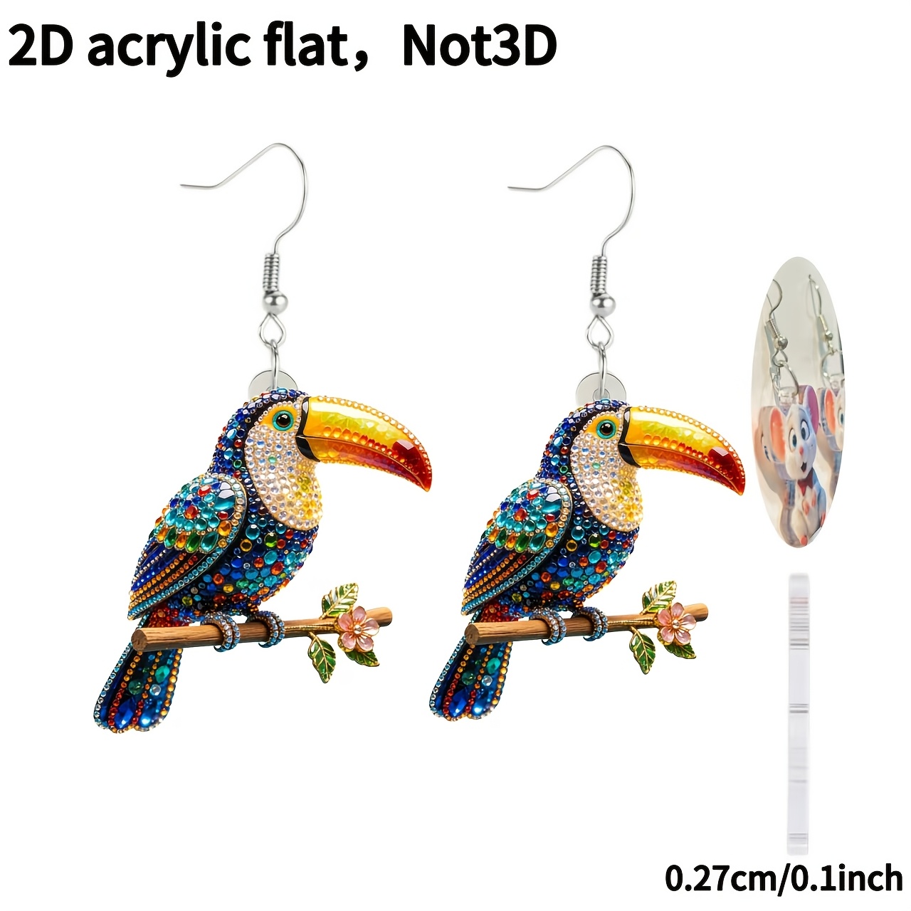 2D Acrylic Toucan Pattern Chain Pendant Earrings, Cute Gift
